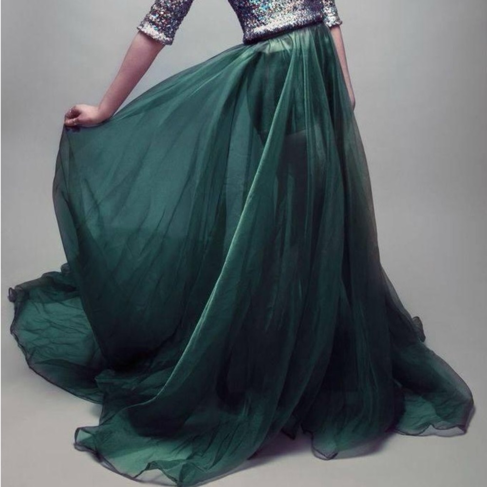 Skirt green long transparent train  costume teal gray